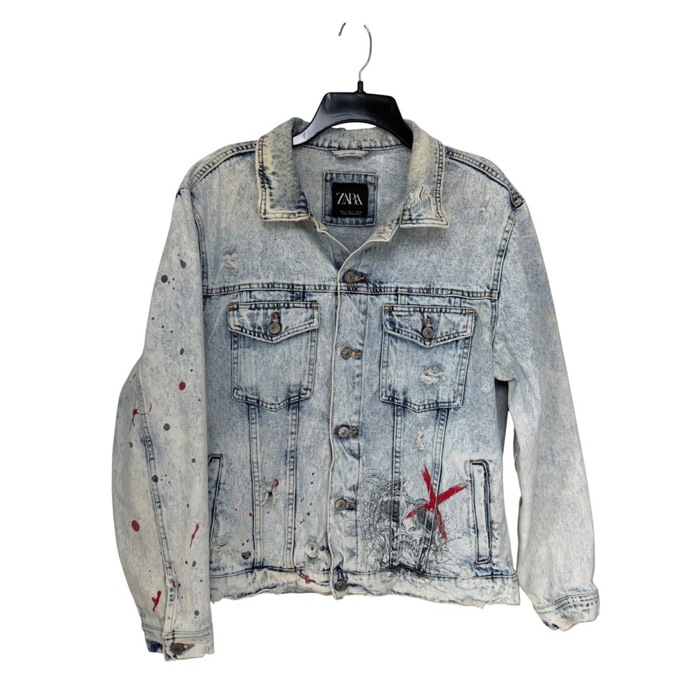Zara Women Cotton Denim Jacket L Light Wash Distressed Graffiti Paint Splatter